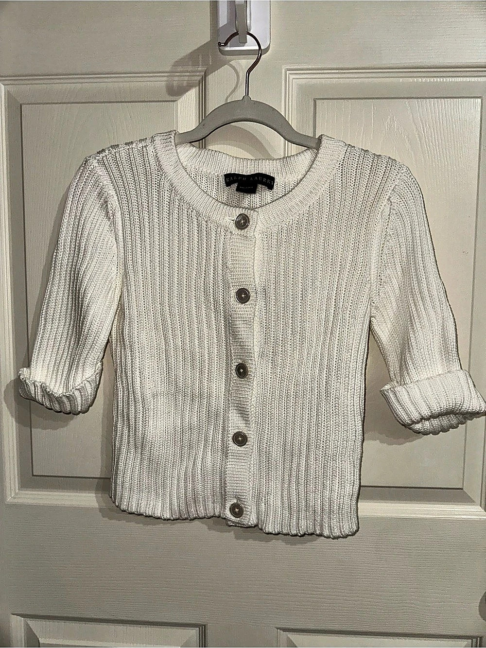 Ralph Lauren White knit Ribbed button front Cotton Cardigan